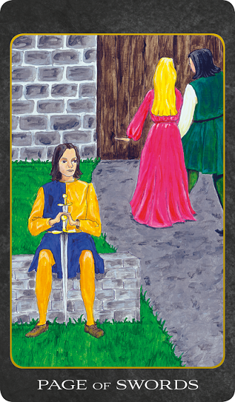Original hand-painted Page of Swords tarot card by Patricia House from the 2011 Tarot House Deck