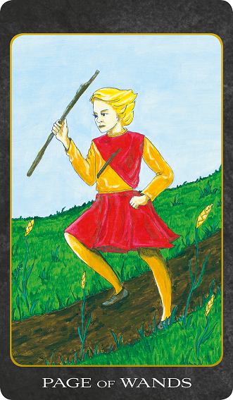 Original hand-painted Page of Wands tarot card by Patricia House from the 2011 Tarot House Deck