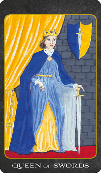 Original hand-painted Queen of Swords tarot card by Patricia House from the 2011 Tarot House Deck