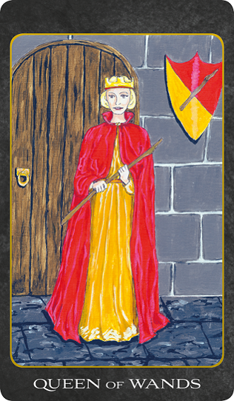 Original hand-painted Queen of Wands tarot card by Patricia House from the 2011 Tarot House Deck
