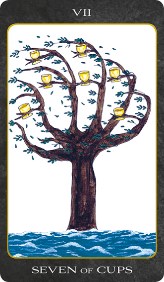 Original hand-painted Seven of Cups tarot card by Patricia House from the 2011 Tarot House Deck