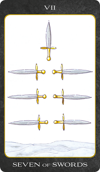 Original hand-painted Seven of Swords tarot card by Patricia House from the 2011 Tarot House Deck