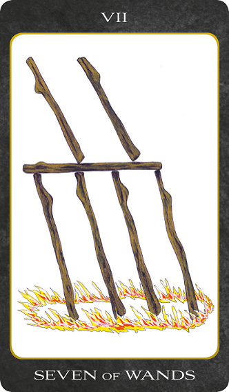 Original hand-painted Seven of Wands tarot card by Patricia House from the 2011 Tarot House Deck