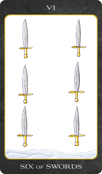 Original hand-painted Six of Swords tarot card by Patricia House from the 2011 Tarot House Deck
