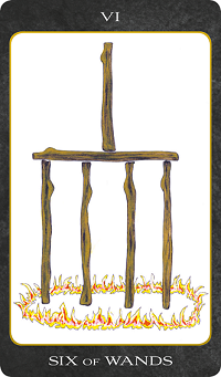 Original hand-painted Six of Wands tarot card by Patricia House from the 2011 Tarot House Deck