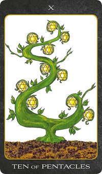 Original hand-painted Ten of Pentacles tarot card by Patricia House from the 2011 Tarot House Deck