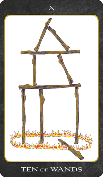 Original hand-painted Ten of Wands tarot card by Patricia House from the 2011 Tarot House Deck