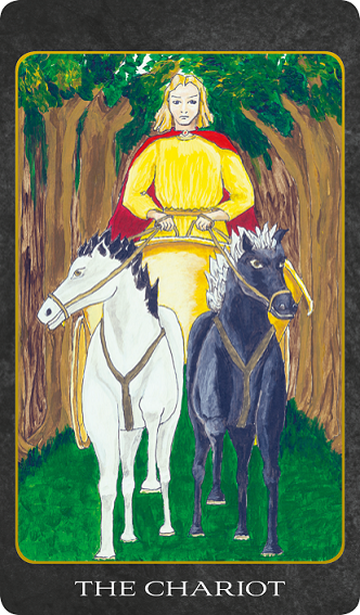 Original hand-painted The Chariot tarot card by Patricia House from the 2011 Tarot House Deck