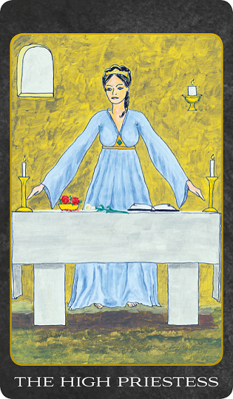 Original hand-painted The High Priestess tarot card by Patricia House from the 2011 Tarot House Deck