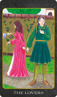 Original hand-painted The Lovers tarot card by Patricia House from the 2011 Tarot House Deck