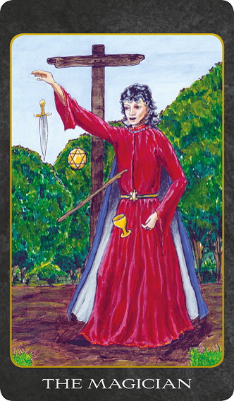 Original hand-painted The Magician tarot card by Patricia House from the 2011 Tarot House Deck