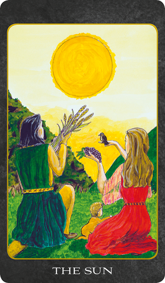 Original hand-painted The Sun tarot card by Patricia House from the 2011 Tarot House Deck