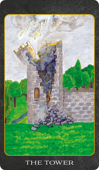 Original hand-painted The Tower tarot card by Patricia House from the 2011 Tarot House Deck