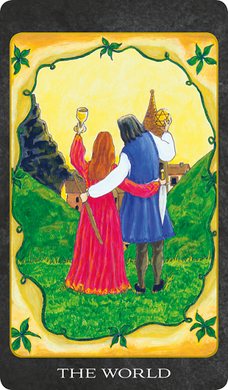 Original hand-painted The World tarot card by Patricia House from the 2011 Tarot House Deck