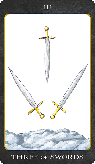 Original hand-painted Three of Swords tarot card by Patricia House from the 2011 Tarot House Deck