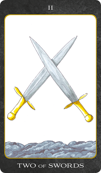 Original hand-painted Two of Swords tarot card by Patricia House from the 2011 Tarot House Deck