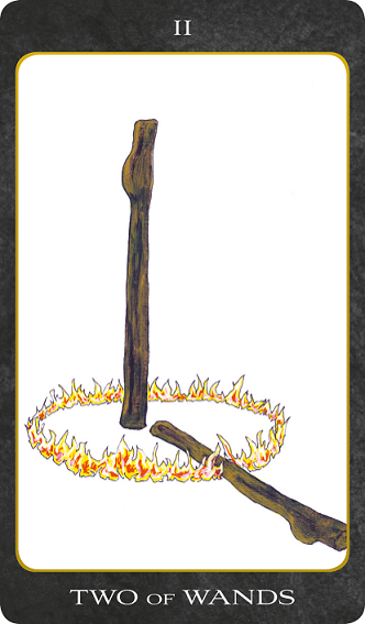 Original hand-painted Two of Wands tarot card by Patricia House from the 2011 Tarot House Deck