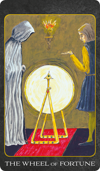 Original hand-painted Wheel of Fortune tarot card by Patricia House from the 2011 Tarot House Deck