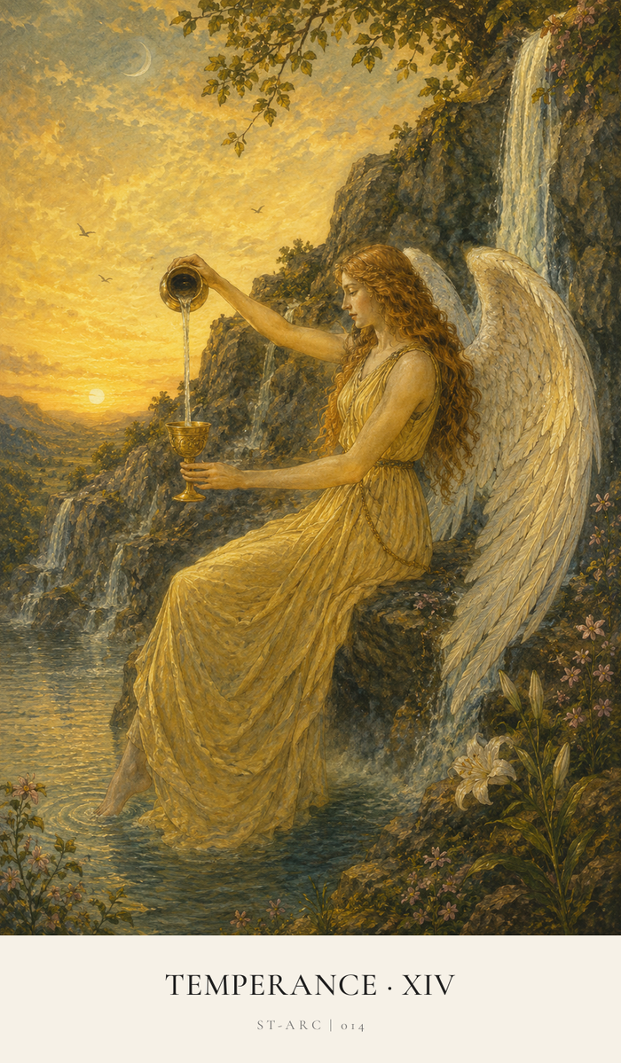 An angelic figure balances at the edge of a river. She represents Temperance by pouring water from one golden cup to another - carefully using her skills to not lose a drop.