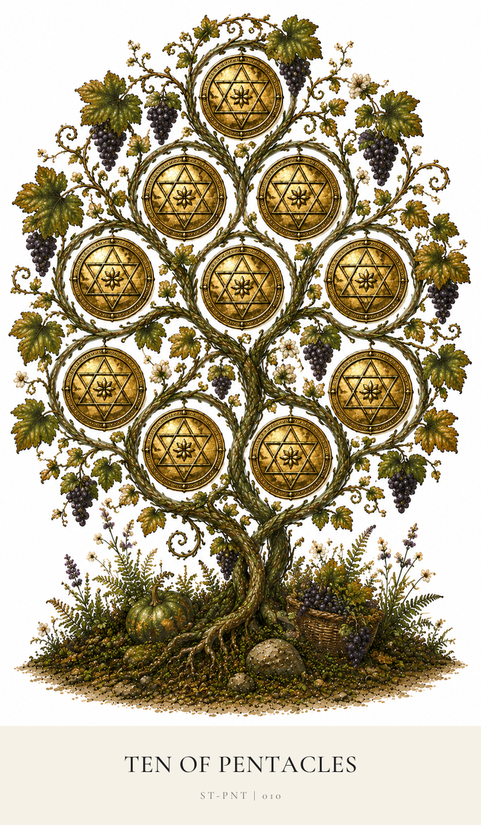Ten gold Pentacles are held securely and balanced in the interwoven vine strands that are bursting with new growth and cloaked with bunches of juicy purple grapes.