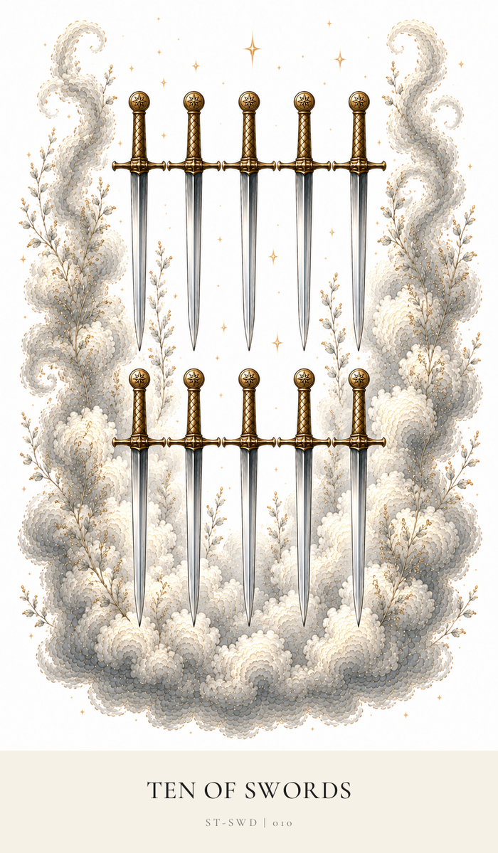 Ten gleaming Swords, in two neat rows of five, point downwards. The clouds are still stormy and turbulent.