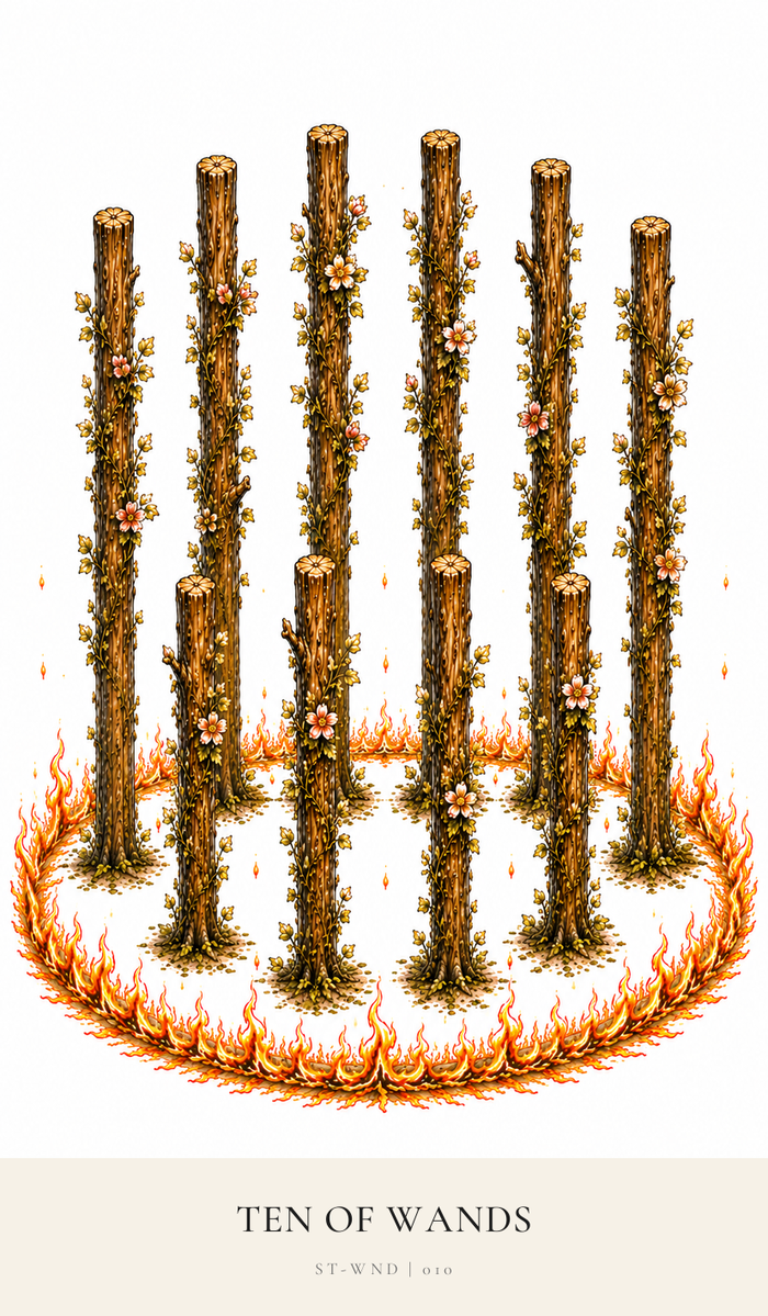 Ten Wands, some of different heights stand in a circle of flames. Some Wands lack growth and other Wands seem overpowering but all are rooted firmly in the ground.