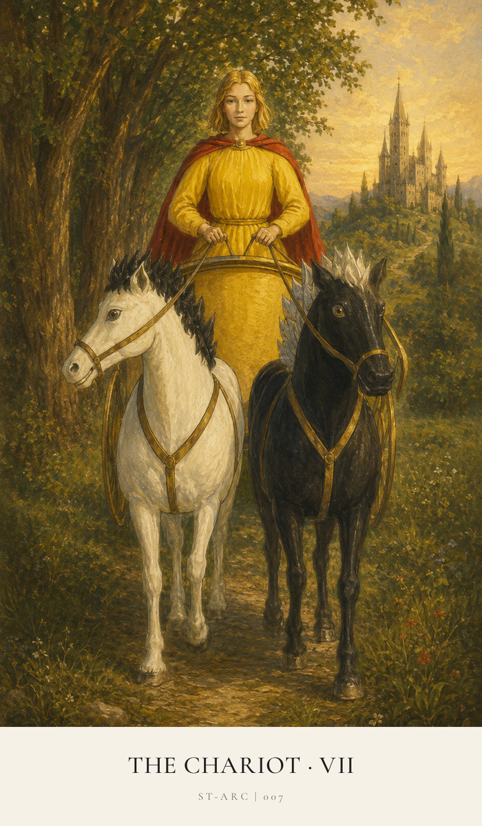 A Chariot is being driven along a lane. The white horse has a black mane, the black horse's is white, the two horses strain to go in opposite directions too.