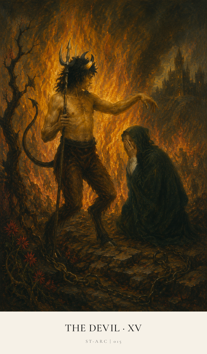 A Devil - half man, half beast with cloven hooves - stands over a kneeling female. She is crying into her hands. A huge wall of flames roars hot around them.