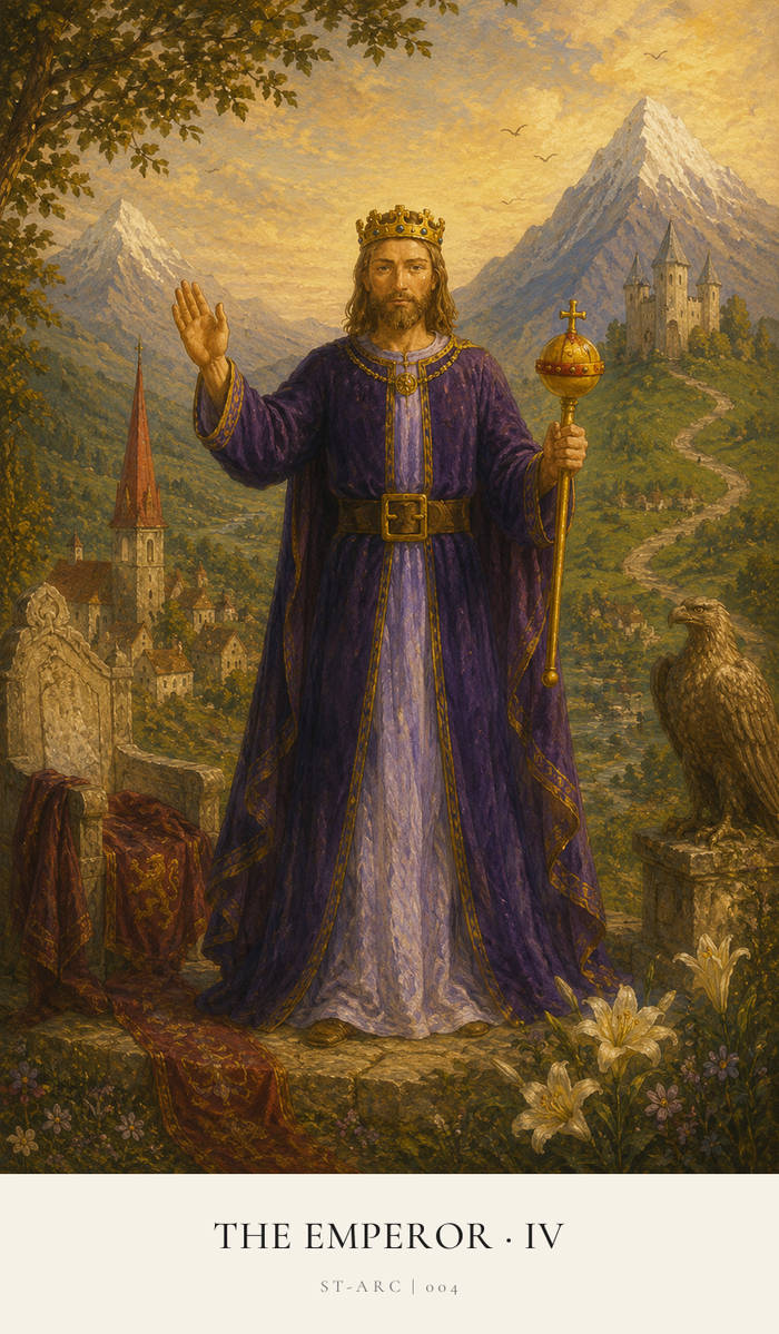 A purple clad Emperor bears his crown and sceptre and he holds his palm outward to show his power over this land.
