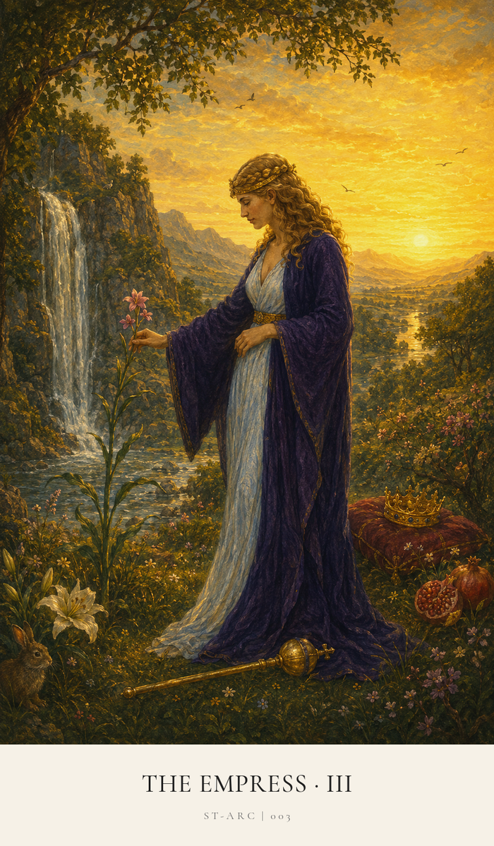 An Empress dressed in purple lays down her crown and sceptre to enjoy nature and the bounty around her. She does not need to use her regal powers here.
