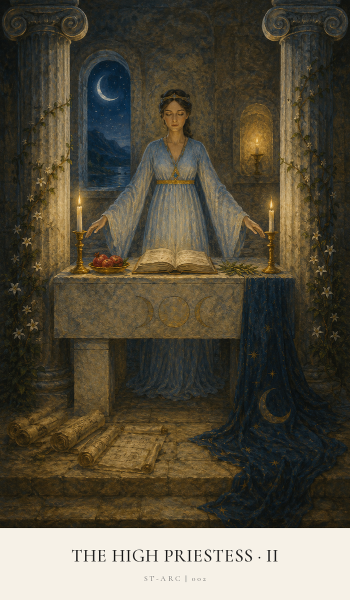 A High Priestess, dressed in blue, is behind a stone altar. She has her arms outstretched as if in meditation or in a ritual.