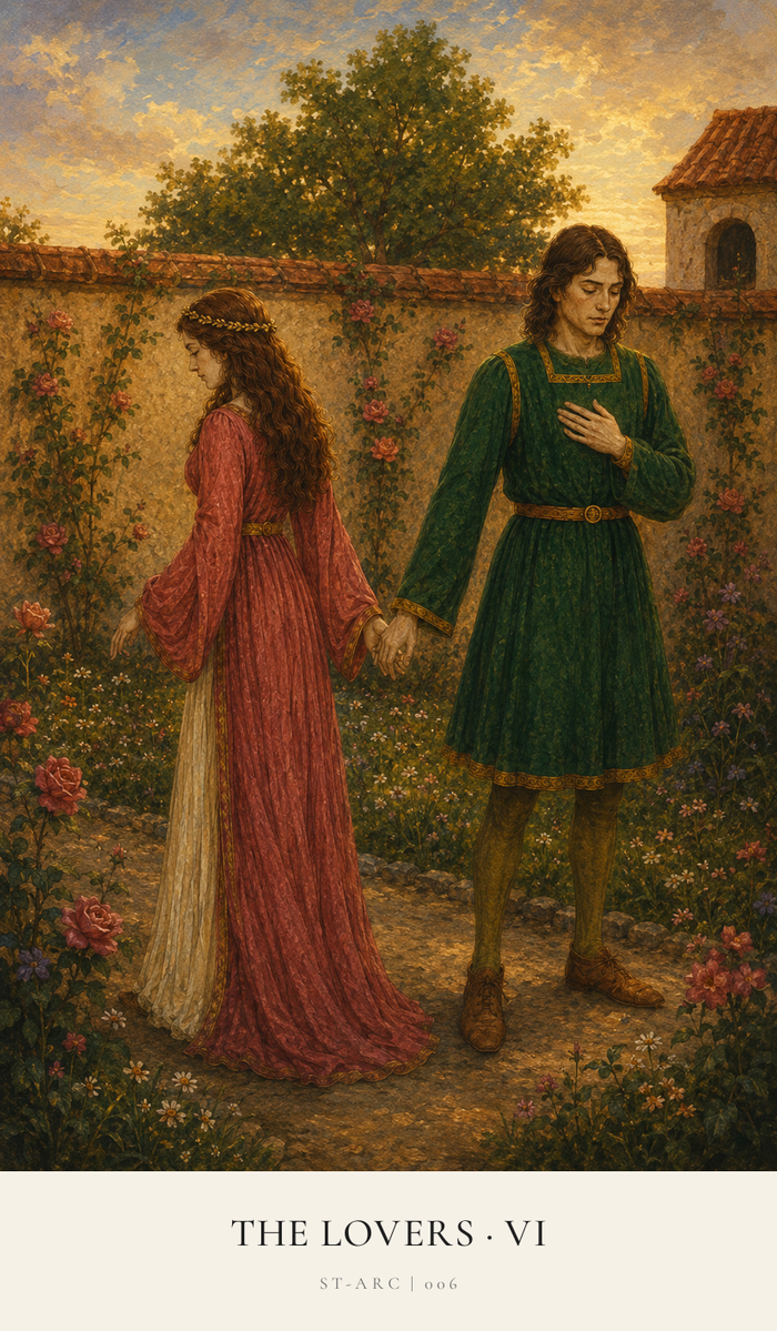 Two Lovers in a rose garden. The female walks away from the male. They do not face each other and their hands reach back towards each other.