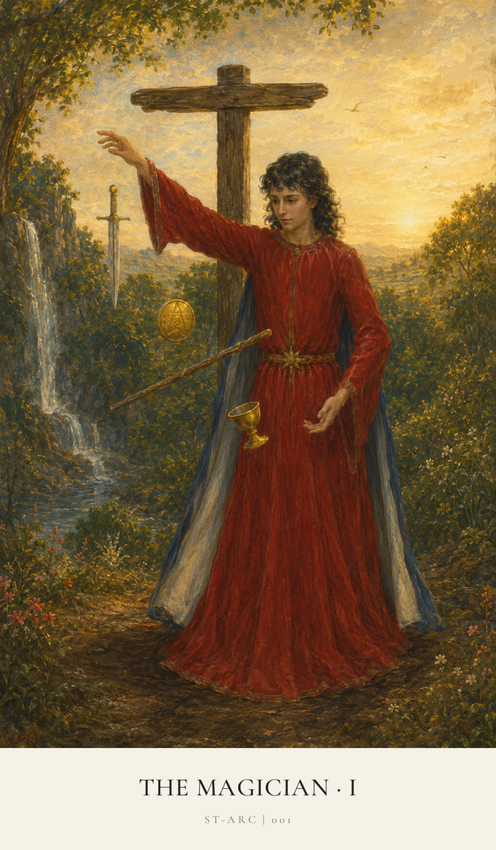 A Magician manipulates four tokens in the air using his skills. He stands before an empty signpost at an important crossroads.