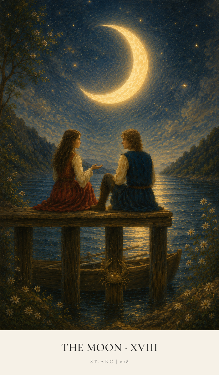 A huge shining crescent Moon hangs in the dark blue night sky over a female and a male at the end of a jetty. Behind them on the wooden jetty a crustacean climbs unseen up from the water.
