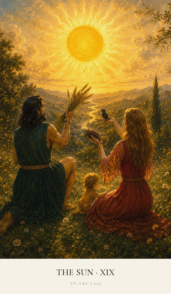 A huge glowing Sun hangs in the sky over a couple and young child. The land is abundant with plants and water, the couple hold wheat and grapes. They are showing gratitude for all they get from The Sun's golden nurturing.