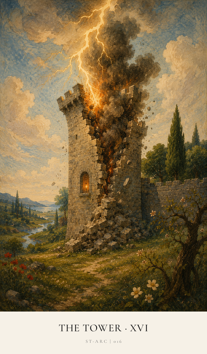 A substantial Tower of stone is struck by lightning which sears through it from top to bottom. The gaping rend of The Tower reveals that all within it is destroyed too.