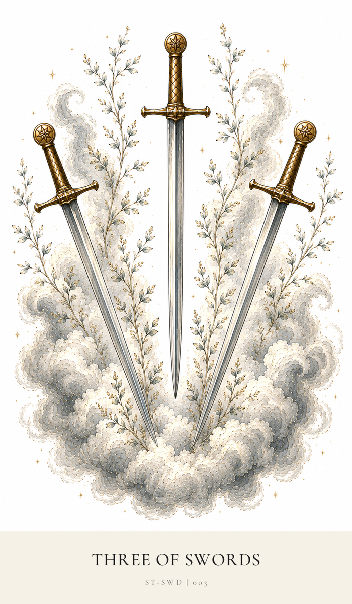 A Sword in the centre of the image points directly downwards between two Swords slightly angled inwards. Darkening clouds swirl as if charged with harsh energy.