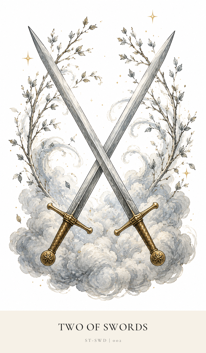 Two sharp Swords are crossed as if in battle. The clouds are bubbling up and darkening.
