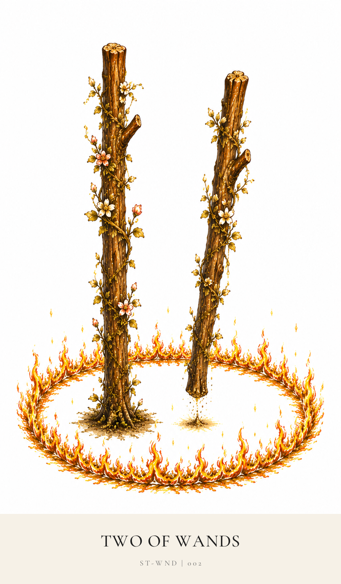 Two Wands sit in a circle of lively flames. One Wand is rooted in the ground, the second has energy at its base trying to form roots. Blooms and buds grow from the Wands.