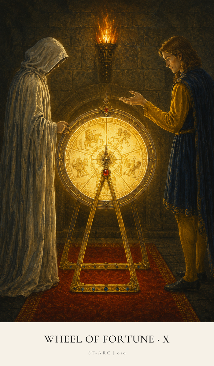 The Wheel of Fortune stands between a hooded figure in grey, and a young man with his hand held open. The Wheel is spinning but Fate can not allow the man to stop it where he wants it to.