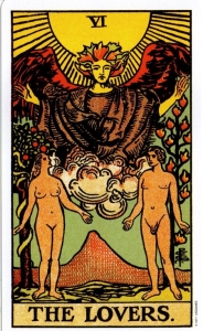 The Lovers card from the Rider-Waite-Smith tarot by A E Waite. Illustrated by Pamela Colman Smith