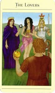 The Lovers card from The New Mythic Tarot by Juliet Sharman Burke and Liz Greene. Illustrated by Giovanni Caselli.