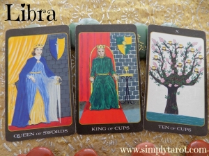 Queen of Swords, King of Cups, Ten of Cups