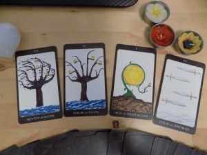 Seven of Cups, Four of cups, Ace of Pentacles, Four of Swords
