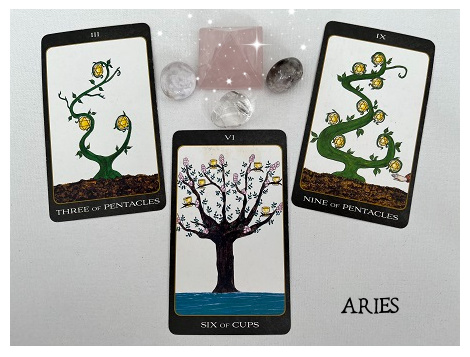 Three of Pentacles, Six of Cups, Nine of Pentacles